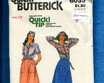 1970 Butterick 6035 Safari Chic Cargo Bolsillo Wrap Falda & Blusa Patrón Tamaño 12