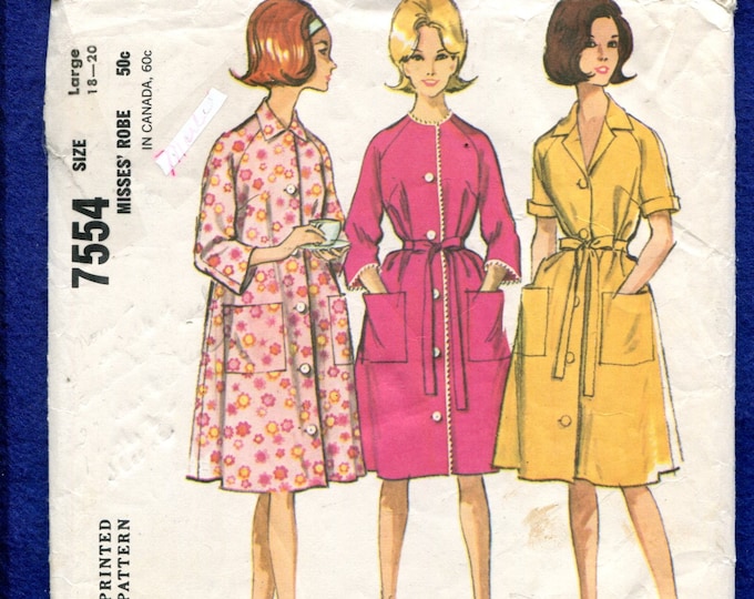 1960's Mccall's 7554 Raglan Sleeve House Coat Pattern Size LARGE 18/20 ...