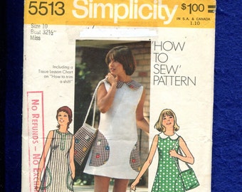 1970's Simplicity 5513 Peter Pan Collar A Line Dress with Contrasting Pockets Size 10