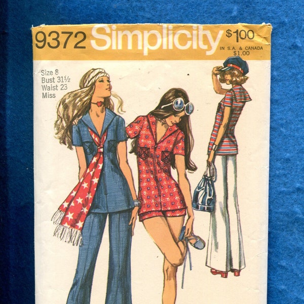 1970's Simplicity 9372 Sexy Sailor Collar Tops with Zipper Fronts Bell Bottoms & Short Shorts Size 8