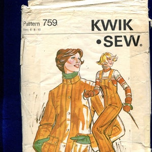 May include: Vintage Kwik Sew pattern 759 featuring illustrations of a woman in a mustard yellow ski suit and a woman in a matching coat. The pattern includes sizes 6-8-10. The design is by Kerstin Martensson.