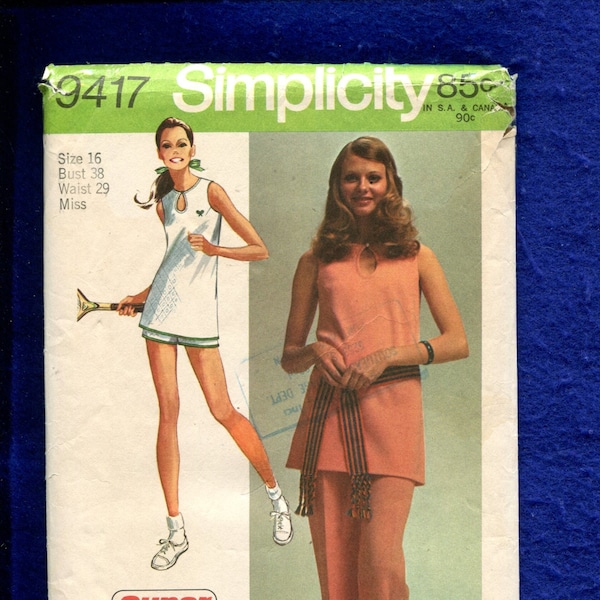 1970's Simplicity 9417 Tennis Dress or Tunic with Keyhole Neckline Size 16