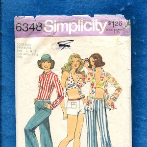 May include: Vintage Simplicity sewing pattern featuring three illustrated figures in 1970s attire. The pattern includes sizes 6 & 8, with bust measurements of 30.5 and 31.5 inches. The cover is aged, with the price of $1.25 visible.