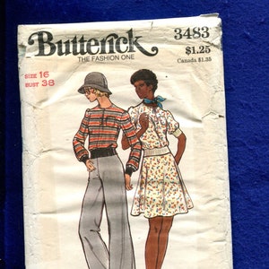 May include: Vintage Butterick sewing pattern, size 16, featuring illustrations of two women's outfits. One outfit includes a striped top and wide-leg pants, the other a floral print dress. The pattern envelope is slightly worn.