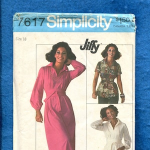 May include: A sewing pattern envelope for a dress with a Jiffy label. The pattern number is 7617 Simplicity. The envelope shows a pink dress with long sleeves and a white dress with short sleeves.