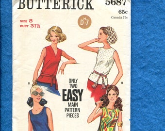 1960's Butterick 5687 Summer Time Sleeveless Tops Pattern Size 8