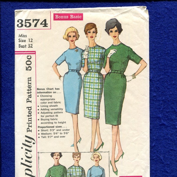 1960'S  Simplicity 3574 Fitted Wiggle Dress with Jewel Neckline Size 12