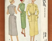 1950 McCalls 8246 Belted Straight Dress Front Back Yokes Extended Shoulders with Pads and Large Flap Over Patch Pockets One Size 12 14 16