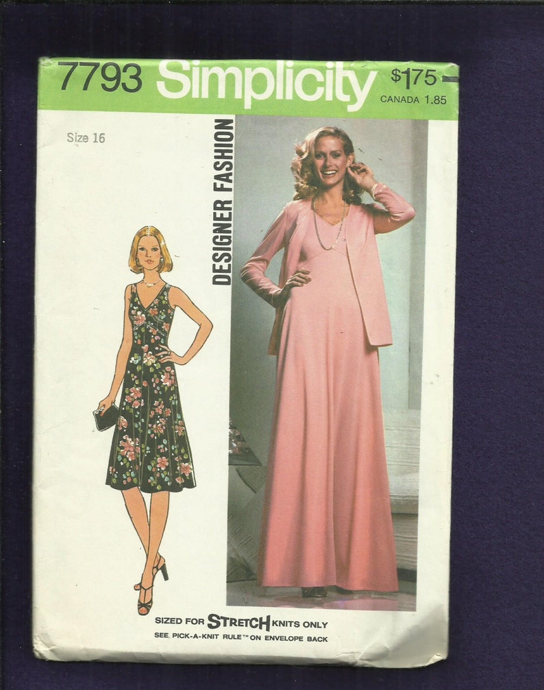 1976 Simplicity 7793 Chevron Bodice Evening Dress with V Neck and Jacket Size 16 UNCUT image 1