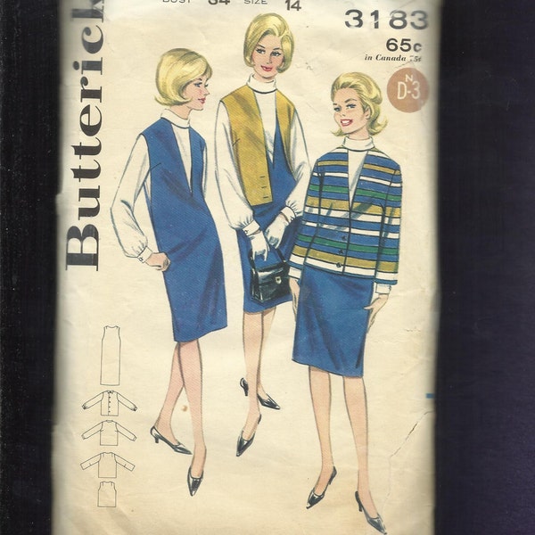 1960's Butterick 3183 Deep V Neck & Armhole Jumper with Extended Shoulders Vest Jacket  Blouse Size 14