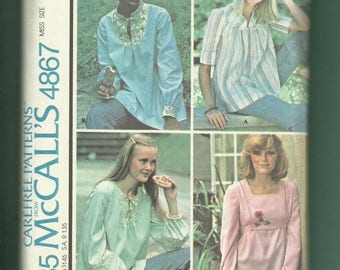 1975  McCalls 4867 Country Chic Peasant Tops with Yoke & Neckline Choices Size 10/12 Small