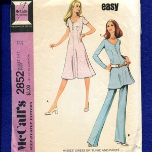 1970&#39;s McCall&#39;s 2852 Flared Tee Shirt Style Tunic & Dress Bell Bottom Pants Too Size 12 UNCUT