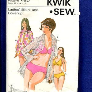 1970&#39;s Kwik Sew 480 Halter Top Bikini & Pointed Collar Over Shirt Beach Cover Up Maat 12
