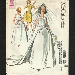 1962 McCall&#39;s 6605 Wedding Dress Fitted Bodice Lace Jacket and Detachable Train Size 16 UNCUT