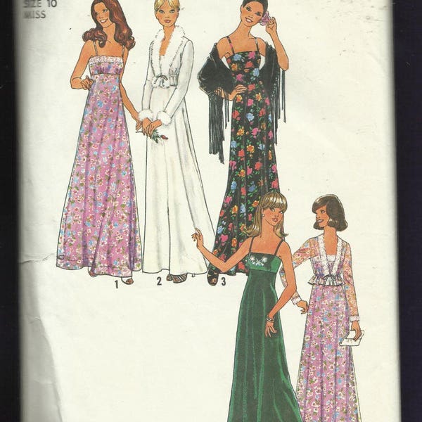 1976 Simplicity 7807  Empire  Waist Evening Dresses with Thin Shoulder Straps & Bolero Jacket  Size 10 UNCUT