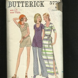 1960&#39;s Butterick 5770 Ultra Mini Tee Shirt Dress or Tunic Ipod Pocket & U Shaped Neckline Long Dress and Bell Bottoms Too  Size 10