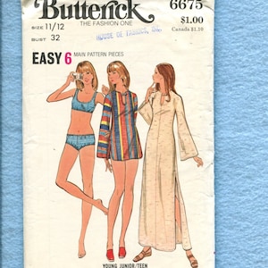 1970&#39;s Butterick 6675 Retro Caftan Beach Cover Up & Two Piece Swimsuit Size 11/12 Junior