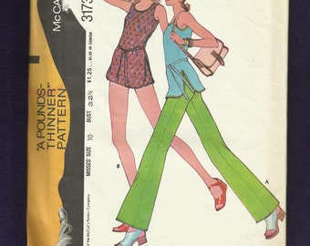 1972 McCalls 3173 Long Tank Top with High Side Seam Slits Short and Flared Pants Size 10 UNCUT