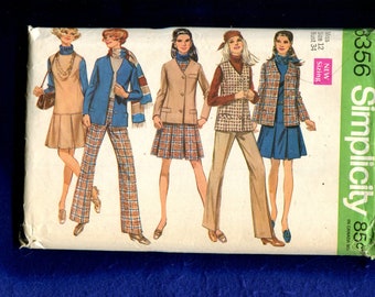 1960's Simplicity  8356 Retro Wardrobe Drop Waist Pleated Dress Jacket & Bell Bottoms Size 12 UNCUT