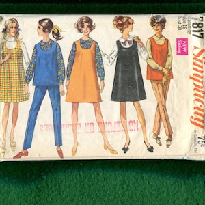1960&#39;s Simplicity 7817 Retro Maternity Dress Jumper or Tunic Peter Pan Collar Blouse & Pants Size 14