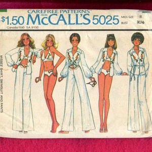 1970&#39;s McCall&#39;s 5025 Retro Beach Bikini Wide Leg Pants & Shirt Size 8 UNCUT