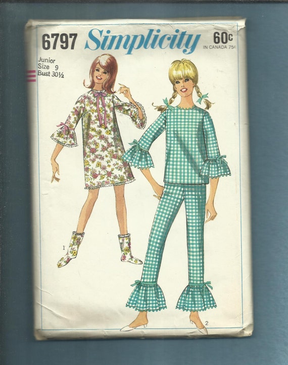 1966 Simplicity 6797 Fun & Funky Mid Century Pajamas Nightgown or Dress  With Ruffled Tier Sleeves Size 9 Jr 