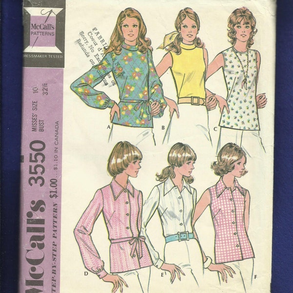 1973 McCalls 3550 Retro Blouses with Collar & Sleeve Variations Size 10