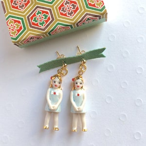 Tiny porcelain doll earrings-vermeil posts-pastel colors porcelain earrings
