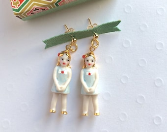 Tiny porcelain doll earrings-vermeil posts-pastel colors porcelain earrings