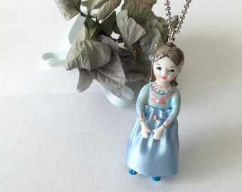 Marie Antoinette porcelain doll long silver necklace with beautiful details, all handmade