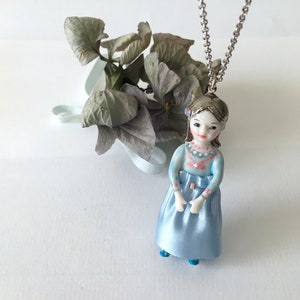 Marie Antoinette porcelain doll long silver necklace with beautiful details, all handmade