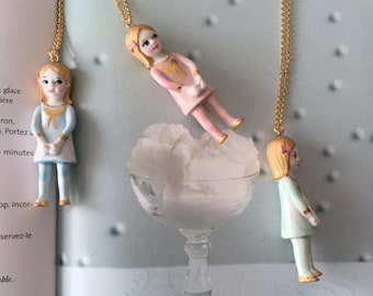 Pastels colors porcelain doll necklace Lilly on a long chain