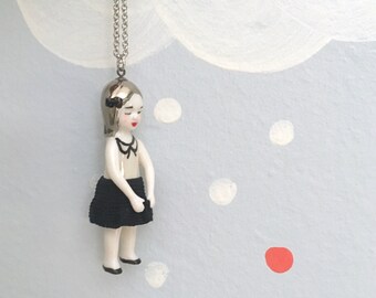 Porcelain cute doll long necklace with beautiful details, in a manga school style, Emilie
