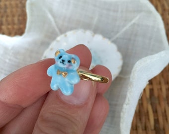 Tiny and lovely teddy bear porcelain ring in  blue