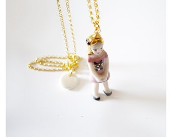 mini kitty miniature porcelain doll necklace