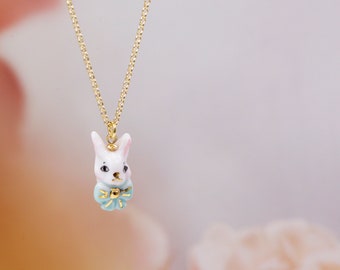 Miniature porcelaine rabbit necklace with gold. Rabbit from Alice in Wonderland necklace. Ceramics.