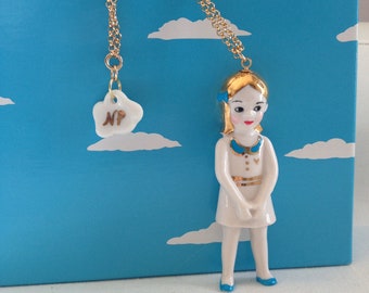 Porcelain doll long necklace with Gold hair and blue, pink or mint color details