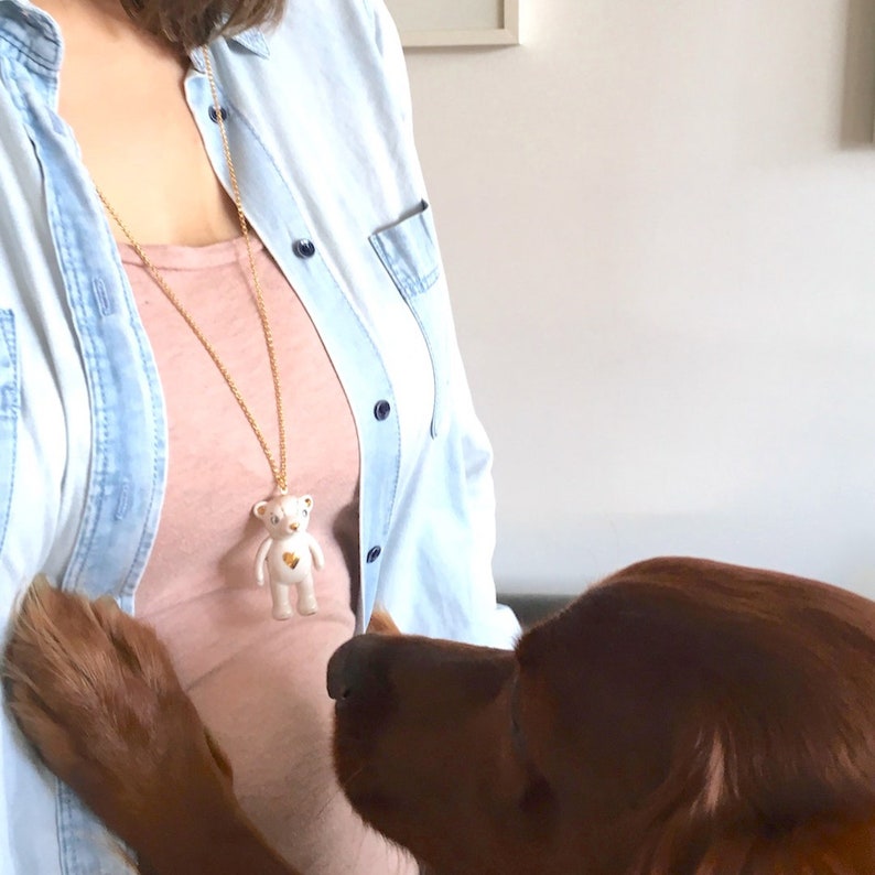 Porcelain Teddy Bear long necklace with a gold heart image 4