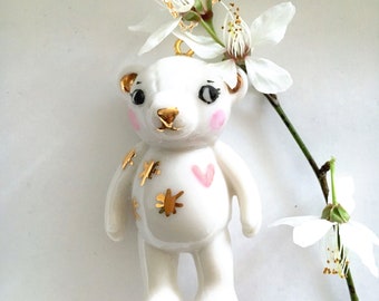 Cute bear porcelain  long necklace with a pink heart and gold details, Teddy Bear