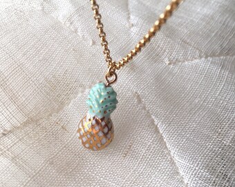 miniature porcelain pineapple pendant, white and gold pineapple and vermeil necklace