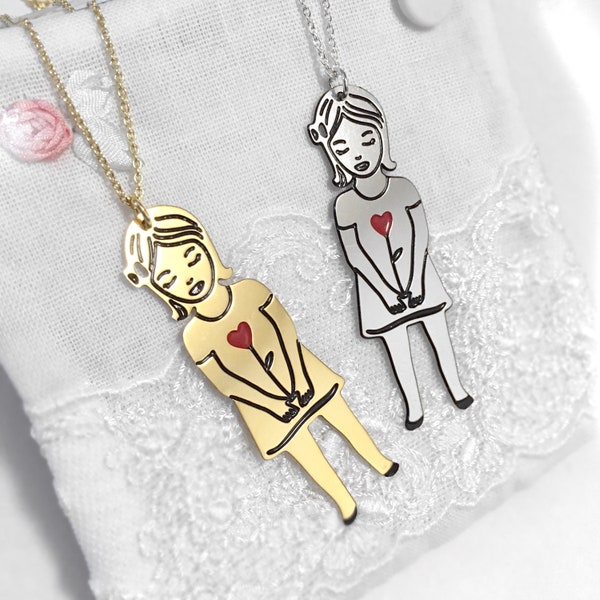 Cute silhouette doll pendant necklace with small red heart, gold plated brass and enamel