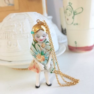 porcelain doll long necklace with beautiful details all handmade perfect gift, Fleur: liberty gold