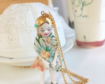 porcelain doll long necklace with beautiful details all handmade perfect gift, Fleur: liberty gold