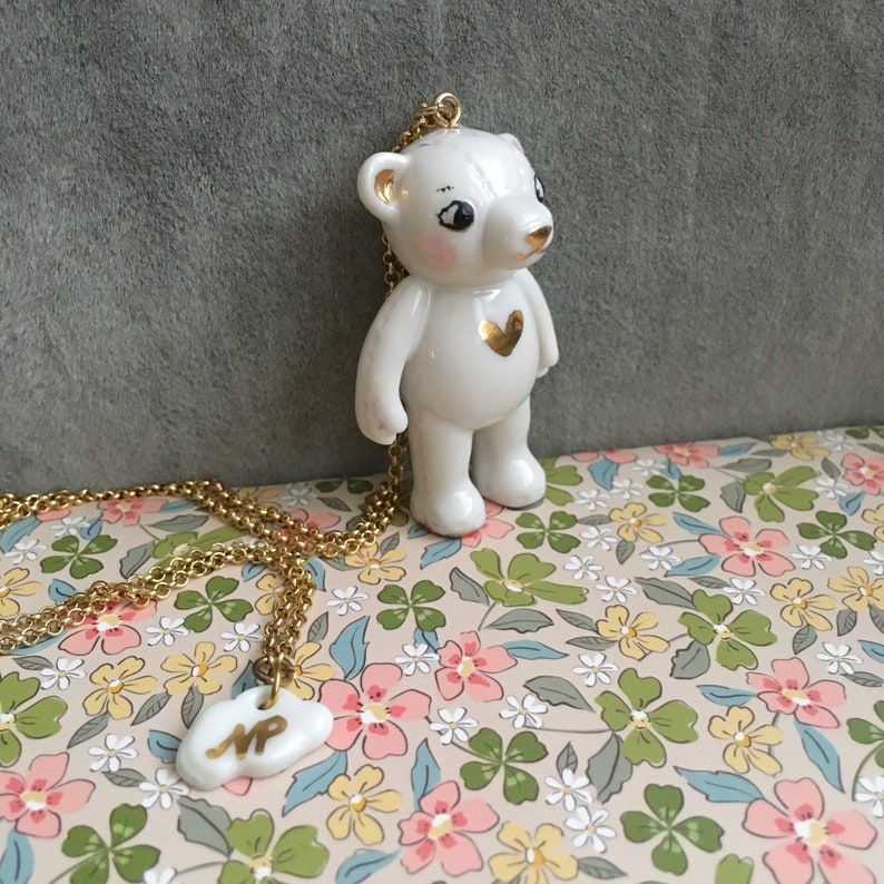 Porcelain Teddy Bear long necklace with a gold heart image 1