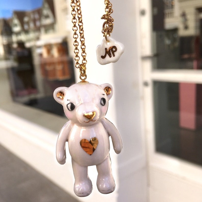 Porcelain Teddy Bear long necklace with a gold heart image 3