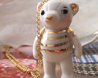 Teddy bear porcelain long statement necklace with gold stripes t-shirt