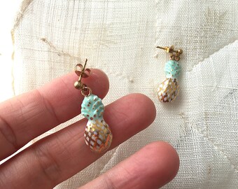 miniature porcelain pineapple earrings, white and gold pineapple and vermeil necklace