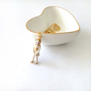 Cute and tiny porcelain doll necklace with a gold heart and a vermeil chain image 4