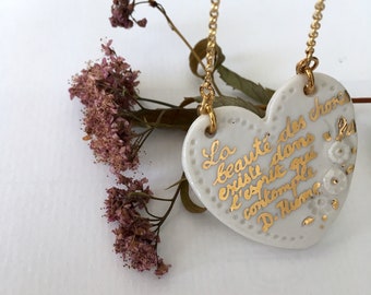 Porcelain heart necklace with gold quotes and vermeil chain