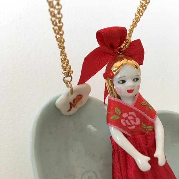 Ceramic jewelry, porcelain doll necklace Gretel in red  dress